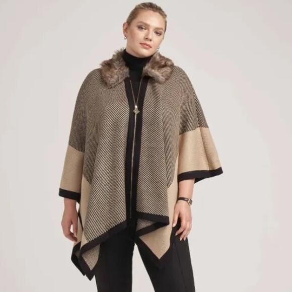 New Anne Klein Detachable Faux Fur-Trimmed Zip-Up sweater Poncho $159 2X/3X - Picture 1 of 12